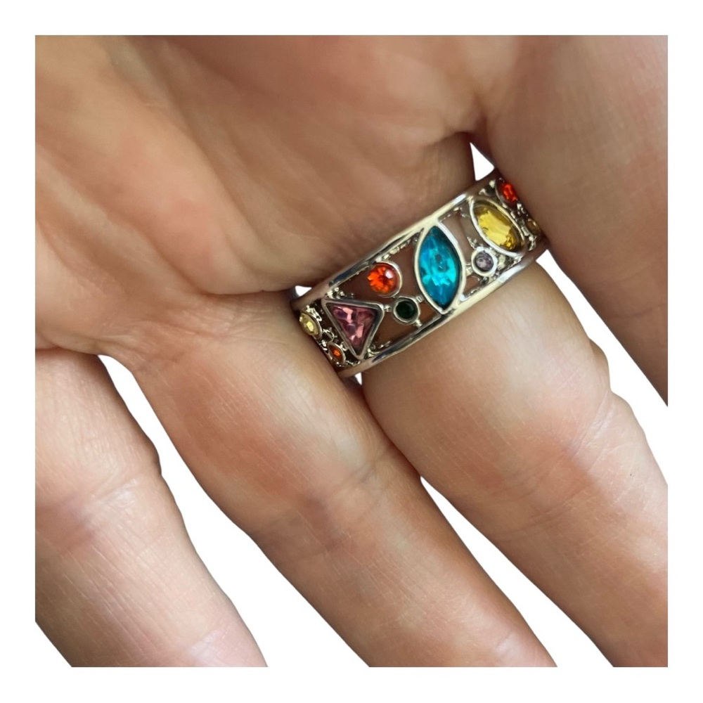 Multicolor Geometric Gemstone Silver Ring - image 3